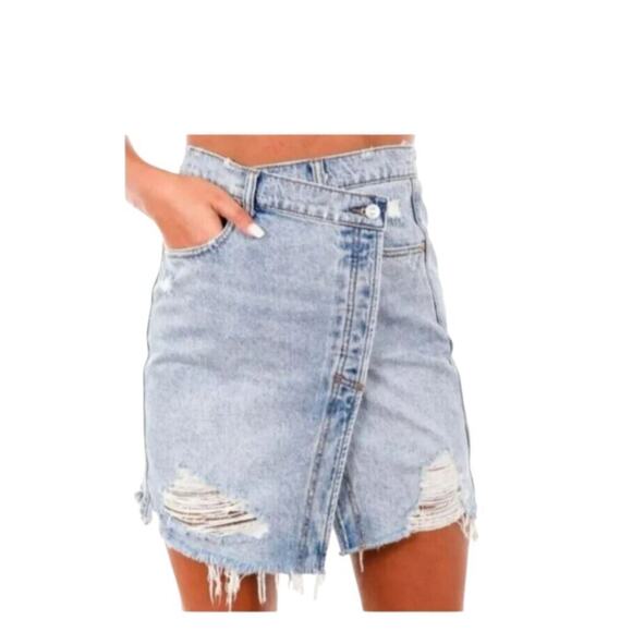 Free People Parker Asymmetrical Criss Cross Demin Wrap Skirt 28 - Picture 1 of 5